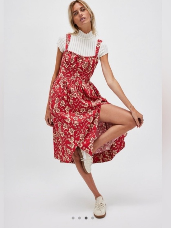 Free People Dresses & Skirts - Free People Later Baby Red Floral Midi Dress with Cream Accents side M